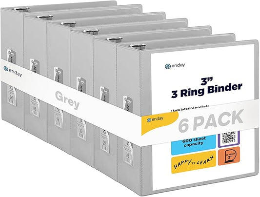 3 Slant D-Ring Binder 3 Inch Grey, 3 in Clear View Cover with 2 Inside Pockets Binder, Heavy Duty Colored School Supplies Binders,Also Available in Green, Red, Purple, Blue, Pink (6 PC) – by Enday