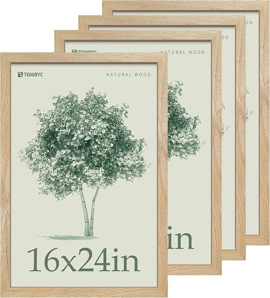 16x24 Poster Frame Set - 4 Pack, Natural Solid Wood Picture Frame, Elegant Wood Grain, Wall Gallery Photo Frame