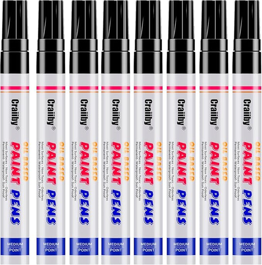 Black Paint Markers, 8 Pack Oil-Based Waterproof Quick Dry Permanent Paint Pen Set for Rocks Painting, Wood, Fabric, Plastic, Canvas, Glass, Mugs, Metal, Tire, Stone, DIY Craft