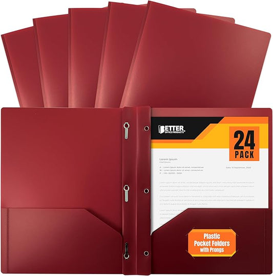 Better Office Products Burgundy Plastic 2 Pocket Folders with Prongs, 24 Pack, Heavyweight, Letter Size Poly Folders with 3 Metal Prongs Fastener Clips, Burgundy Red