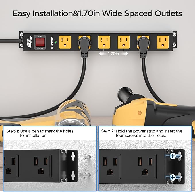 CRST 2Pack 6 Outlet Surge Protector Power Strip 2100J with Switch, 15A/1875W Heavy Duty Mountable Power Strip, Wide Spaced Power Bar for Garage Worshop Home School, 6 FT Cord（ Black+Yellow）