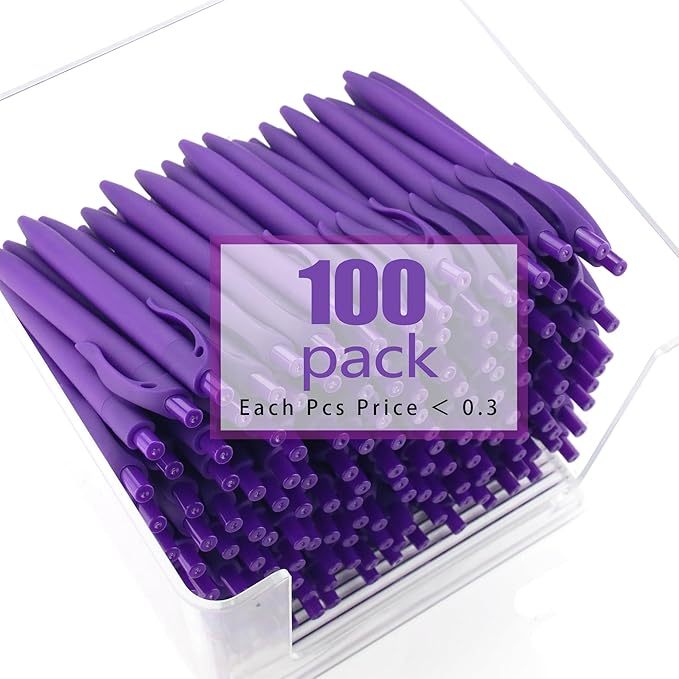 deegtran Pens Bulk, 100 Pack No Bleed Purple Barrel Click Pens, Wholesale Retractable Ballpoint Pens, Pens Medium Point, Smooth Ink Pens, 1.0MM Black Ink