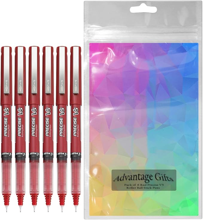 Precise V5 Stick Rolling Ball Pens, Extra Fine Point (.5mm), Red Ink, 6-pk; Bundle with Plastic Reusable Pouch