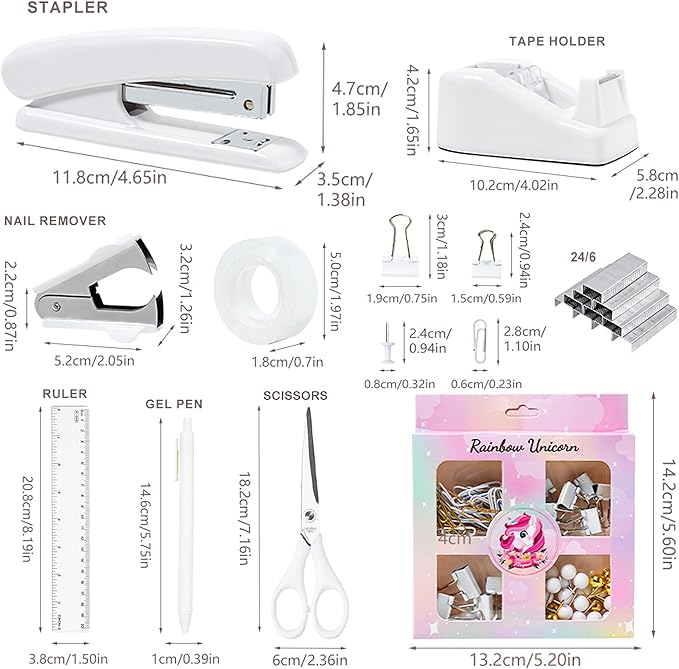 Desk Accessories with Pen Holder, Office Supplies Desk Organizers and Accessories, Tape Dispenser, Stapler, Staple Remover, Staples, Clips Set, Ruler, Scissor, Pen, Tape (White)