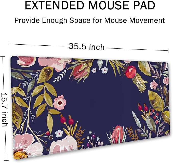 SSOIU Floral Wreath Mouse Pad 35.5 X 15.7 Inch XXL Romantic Flowers Full Desk Mousepad Extended Large Non-Slip Rubber Base Waterproof Big Keyboard Mat with Stitched Edges for Gaming and Office