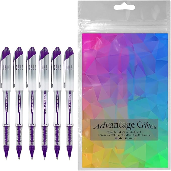 Vision Elite Rollerball Pens, Bold Point (0.8mm), Purple Ink, 6 count, Bundle with Plastic Reusable Pouch