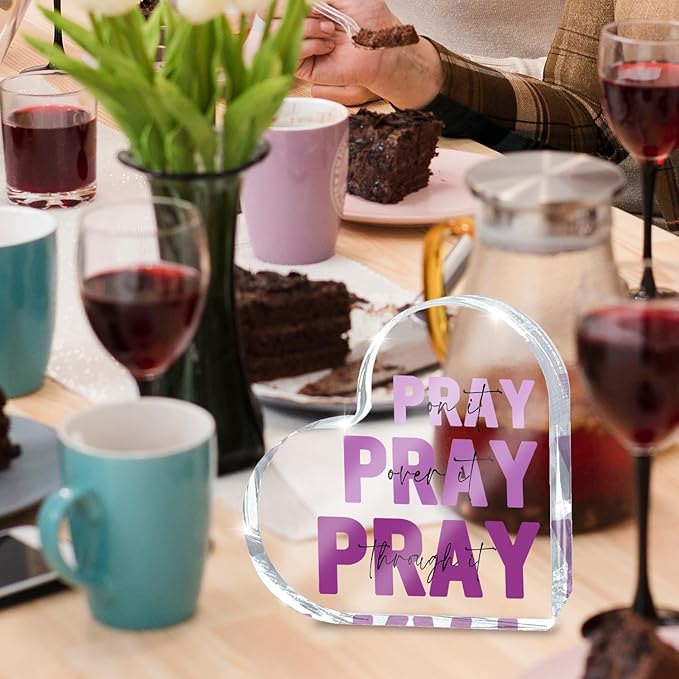 Purple Christian Gifts for Women, Religious Plaques Christian Woman Decor Gifts, Pink Room Accessories - Modern Home Office Room Bathroom Bedroom, Pray On It Over It Acrylic Sign