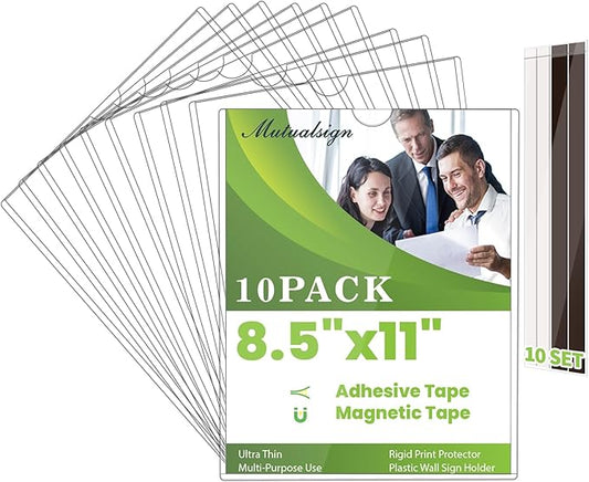 10 Pcs Wall Sign Holder 8.5"x11" Magnetic Sign Holder, Rigid Print Protectors with Adhesive & Magnetic Tapes, Wall Mount Plastic Paper Holder for Office Store Home Window Display (Clear)