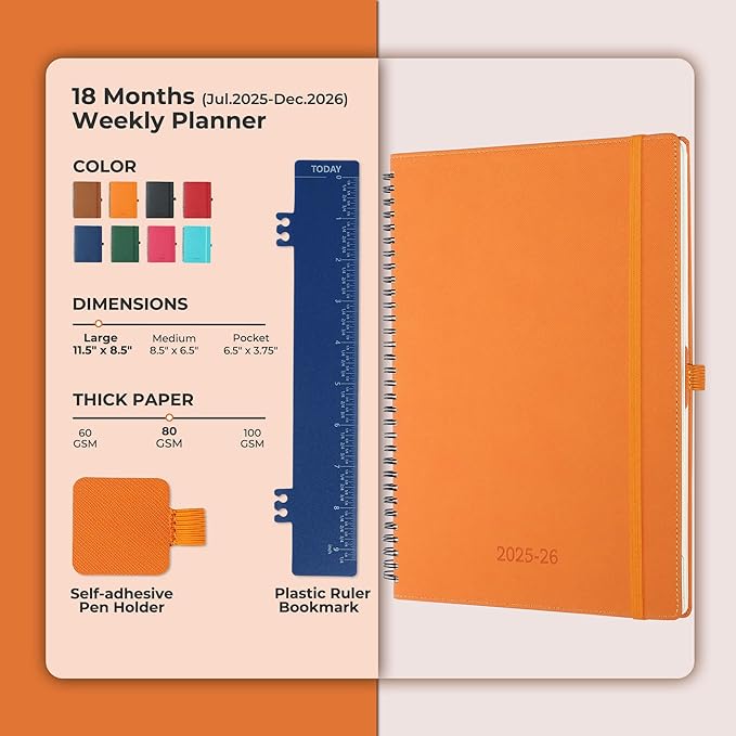 Planner 2025-2026 Daily Weekly and Monthly,11.5"x8.5",18 Months Spiral Bound Calendar Agenda with Self-adhesive Pen Holder,2026 Academic Plan with Vegan Leather Soft Cover,Orange