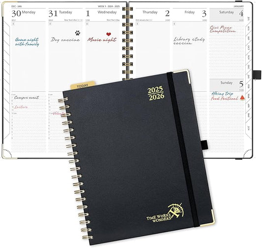 POPRUN Academic Planner 2025-2026 (July 2025-June 2026), Daily Weekly and Monthly Appointment Book (Wirebound Hard Cover - 10'' x 8'') with Hourly Time Slots, Tabs, 100 GSM - Black
