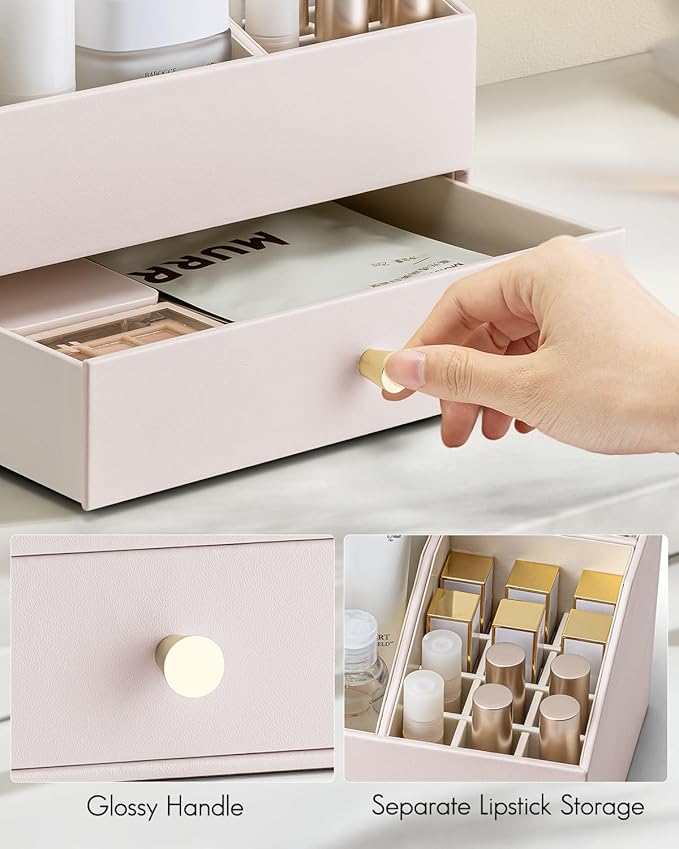 Vlando Makeup Organzier,Vanity Organizer with Drawers, PU Leather Skincare Organizer Perfume Organizer,Large Cosmetic Display Case for Lipstick,Brushes Gifts for Women-Apricot White
