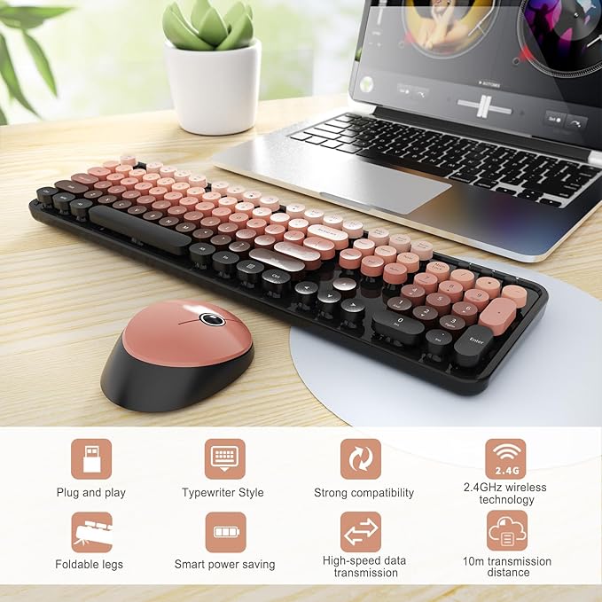 Wireless Keyboard and Mouse Combo, Ergonomic Full Size Typewriter Retro Round Keycaps Keyboard, Compatible with Windows, PC, Perfer for Home and Office Keyboards (Aurora Red)