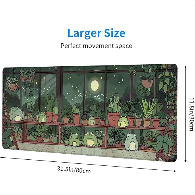 Cute Frog Desk Mat Gaming Mouse Pad Cartoon Kawaii Green Potted Mousepad XL Large Gaming Mouse Pad Laptop Keyboard Mat Desk Pad Office Home Decor for Women Girl 31.5"x11.8"