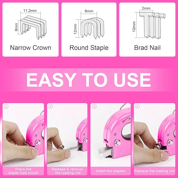THINKOWRK 3 in 1 Staple Gun, Light Pink Staple Guns/Home Use Upholstery with 900 Staples, Nail Gun for Wood, Cable, Fabric, Wall, Material Repair, DIY Manual Stapler