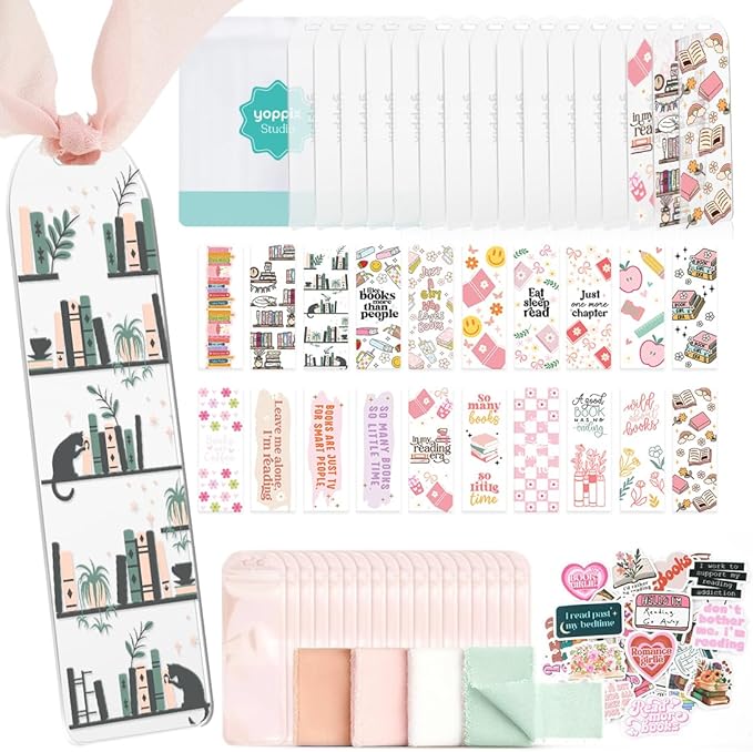 6x2” Acrylic Bookmark Blanks- 20 Set Bookmark Making Kit with 20 UV DTF Stickers About Booklover Theme 20 Ribbon 80 Bookish Stickers for DIY Your Crafts Gift for Book Lover