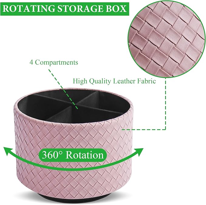 Hennaja Round Leather Art Supply Organizer,Remote Control Holder,360 Degree Spinning,Multi-Functional Pencil Holder,4 Compartments Desktop Stationary Organizer(1-Weave Purple)