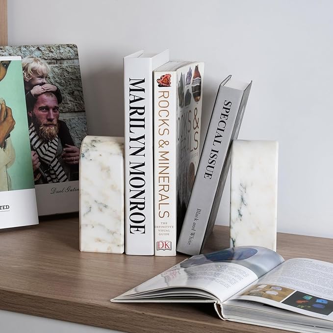 Koville Natural Marble Bookends for Shelves, 7lbs Heavy-Duty Marble Book Holders, Decorative Book Ends, Bookshelf Apartment Decor for Normal Books/CD/Video Games