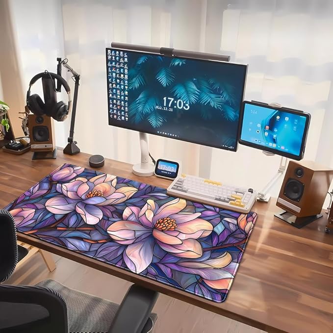 Floral Desk Mat Gaming Large Mouse Pad Desk Keyboard Pad, Long Computer Mat Faux Stained Glass Artistic Patterns Mouse Mat, Aesthetic Floral Purple & Pink Desk Protector Office Decor 31.5" X 15.7"