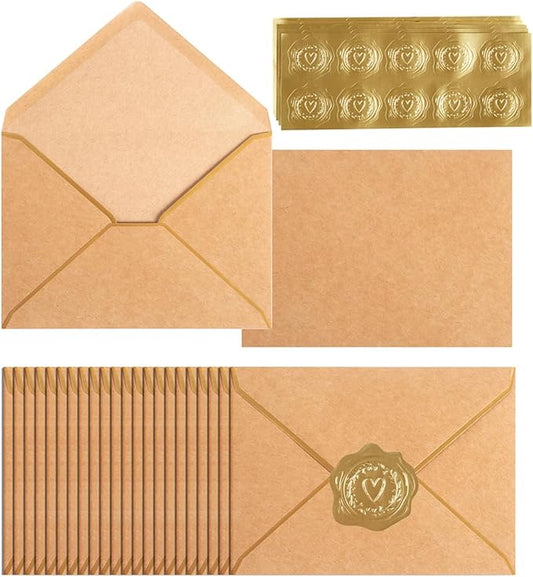 100 Pack A7 Envelopes 5 x 7 Card Envelopes V Flap with Gold Border for Office, Wedding Gift Cards, Invitations, Graduation, Baby Shower, Parties (Kraft Brown, 5.32 x 7.28 Inches)