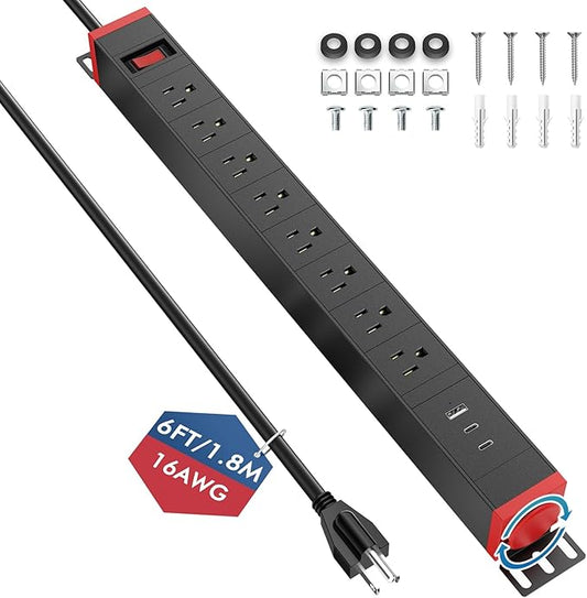 360° Rotating Mountable Power Strip with USB Ports, 8 Outlet Surge Protector Power Strips Wall Mount, Metal Heavy Duty Versatile Outlet with 6FT Power Cord,For Home Office Industrial Garage Commercial