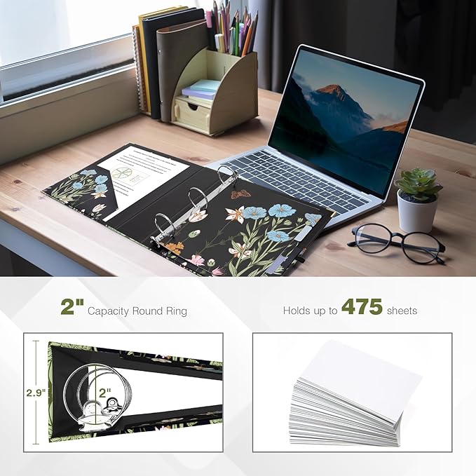 Ospelelf Binder 3 Ring 2 Inch, Floral Round Ring Clipboard Binder with 5 Tab Dividers for Letter Size Documents, File Folder Labels, for School and Office Supplies