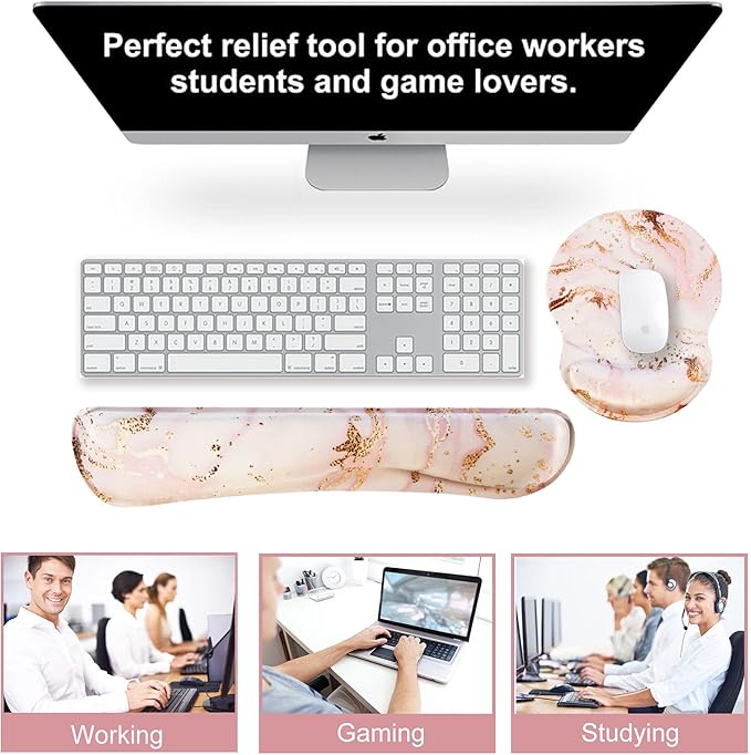 ArtSo Upgraded Wrist Rest Support for Mouse Pad & Keyboard, Ergonomic Gel Mousepad Non-Slip Rubber Base Home,Office Pain Relief & Easy Typing Cushion Neoprene Cloth & Soft Memory Foam, Pink Marble
