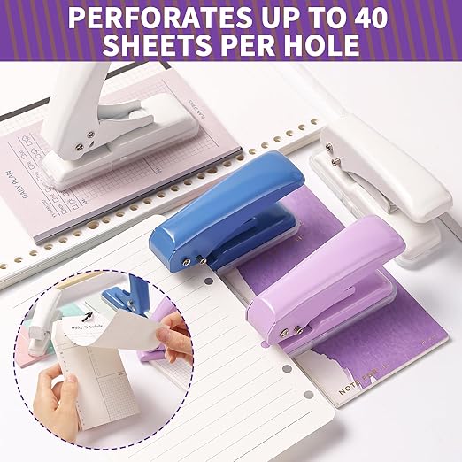 Single Hole Punch, 40 Sheets Punch Capacity, Kaluofan Hole Puncher Single, Small Hole Punch with Non-Slip Removable Base, One Hole Puncher for Crafts, Scrapbooks, Paper, Chipboard (Bule)