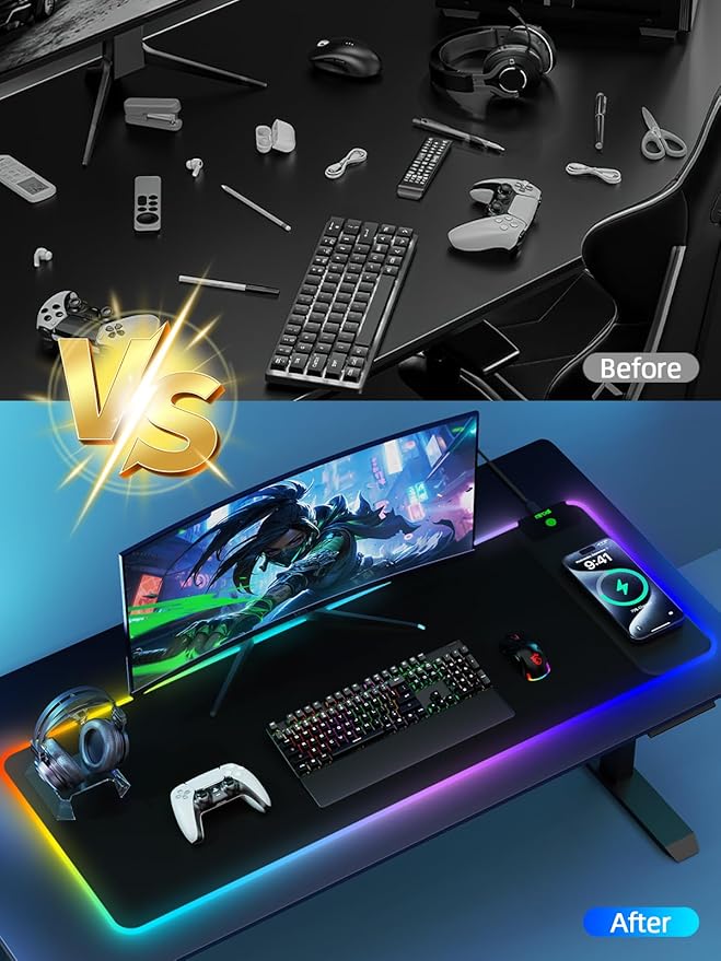 Magnetic Charging Mouse Pad, 31.5x11.81 Inch XL Gaming Mousepad, 11+5 RGB Lighting Modes, Home Office Large Desk Pad with Ultra-Smooth Surface, Non-Slip, Waterproof Keyboard Pad Classic Black Desk Mat