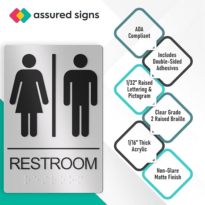 Unisex Bathroom Signs, Restroom Sign For Business - For Men and Women - 9" by 6" - ADA Compliant with Braille - Strong Double-Sided Adhesives Included - Apply to Office, Home, Public Door/Wall