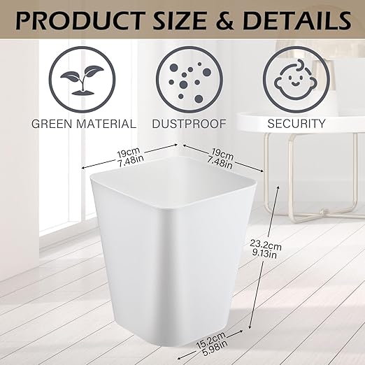 Hoolerry 9 Pieces Garbage Can 2 Gallon Small Trash Cans Bulk Bathroom Trash Bin Plastic Wastebasket Square for Bedroom Slim Bathroom Trashcan Small Container for Kitchen Office Home Rooms(White,Grey)