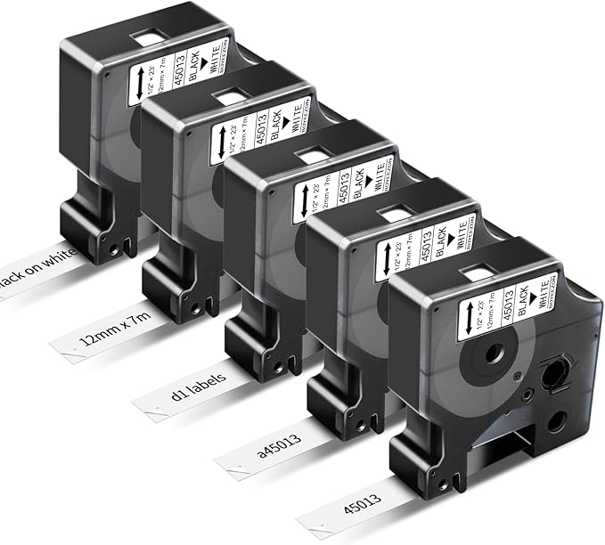5 x 45013s Replacement for DYMO D1 Label Tape 1/2 Inch x 23 Ft, Black on White, 45013 D1 Label Maker Refills for DYMO LabelManager 160 210D 260P 280 360D 420P 450D (S0720530 12mm x 7m)