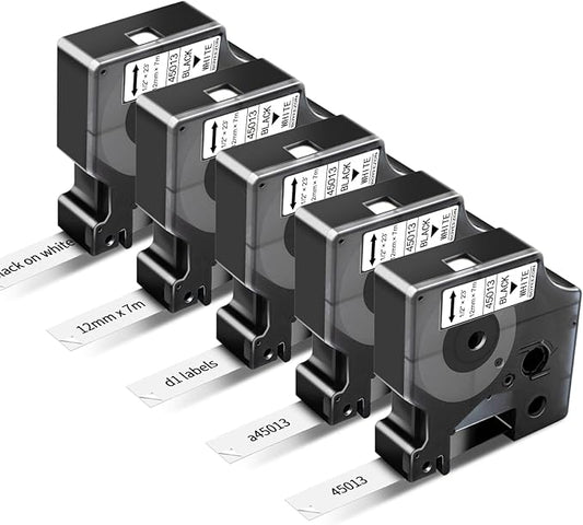 5 x 45013s Replacement for DYMO D1 Label Tape 1/2 Inch x 23 Ft, Black on White, 45013 D1 Label Maker Refills for DYMO LabelManager 160 210D 260P 280 360D 420P 450D (S0720530 12mm x 7m)