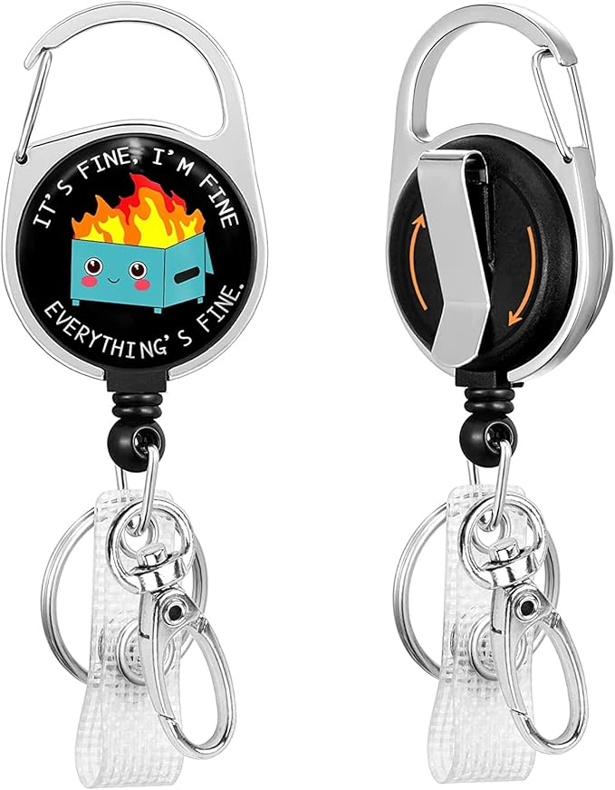 Gctriki Badge Reel Holder Retractable Heavy Duty with 360°Swivel Carabiner Belt Clip, Funny Dumpster on Fire ID Badge Holder Retractable Keychain ID Clip Name Badge Clip I'm Fine It`s Fine