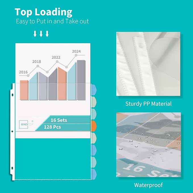 Binditek 128 Pack Heavyduty Clear Sheet Protectors with 8 Tabs, Sturdy Binder Sheet Protectors for 3 Ring Binder Letter Size, Multicolor Tabs, 8.5 x 11 Inches, Polypropylene, 16 Set, Label Sticker
