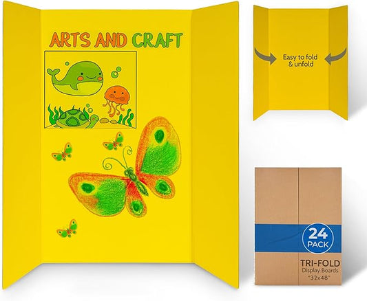 EPI Tri Fold Cardboard Display Board. Large 32 x 48in Yellow Trifold Poster 24 Pack. Professional Presentation Boards with Rounded Corners for Science Fair Project, School and Business Presentations