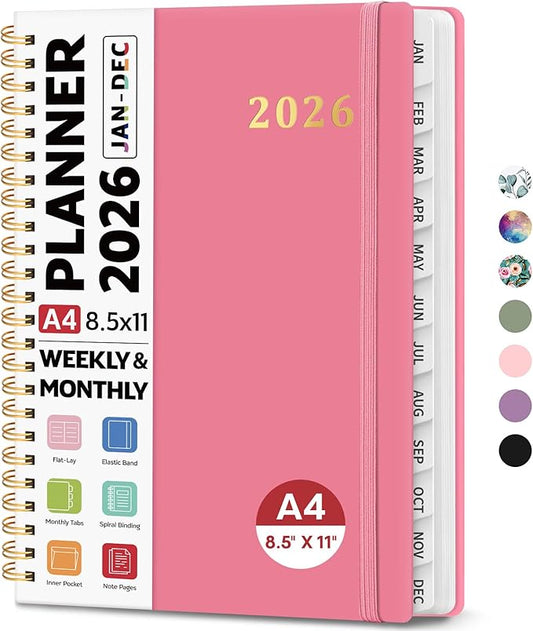 2026 Planner 8.5" x 11", Weekly and Monthly Calendar Planner Book, January 2026 - December 2026, Hardcover Spiral Planner with Monthly Tabs, Notes Pages, Perfect for Women & Men, A4 - Rose Red