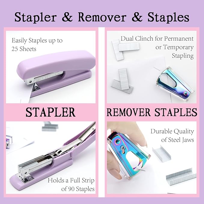 Purple Office Supplies Set, UPIHO Stapler and Tape Dispenser Set, Office Desk Accessories Kit with Stapler, Tape, Remover, Staples, Clips, Scissor and Tabs for Women, Clerks…