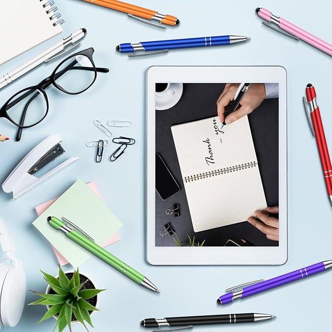 Tenare 12 Pieces 2 in 1 Stylus Metal Ballpoint Pen with Stylus Tip, 1.0 mm Black Ink Ballpoint Pen for Touch Screens(Assorted Color)