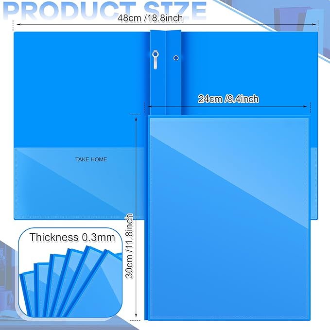 Henoyso 24 Pcs Plastic Folders with Clear Front Pocket and 3 Prong Take Home Plastic 2 Pocket Folder Back to School for Students Parent Teacher Communication for School Office (Blue)