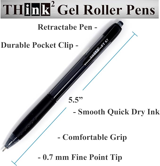 THINK2MASTER [24 Pens - Black Ink Think2 0.7mm Precision Tip Gel Pens. (24 Black) Fine Point Small Rollerball Pens with Smooth Quick Drying Ink.