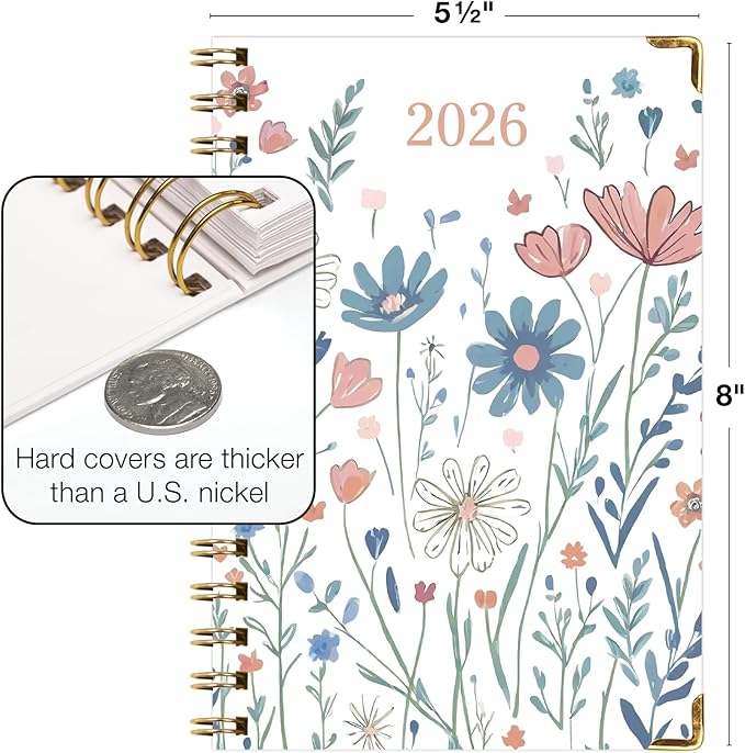 HARDCOVER 2026 Planner, 5.5"x8": 14 Months (November 2025 - December 2026), Daily Weekly Monthly Planner, Yearly Agenda, Bookmark, Pocket Folder and Sticky Note Set (Colorful Botanicals)