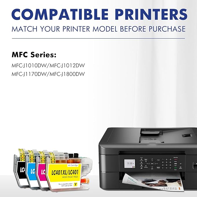 LC401XL LC401 MFC-J1010DW Ink Cartridges for Brother Printer LC 401 401XL for MFC-J1010DW MFC-J1170DW MFC-J1012DW MFC-J1800DW MFC J1010DW - 4 Pack High Yields Black Cyan Magenta Yellow