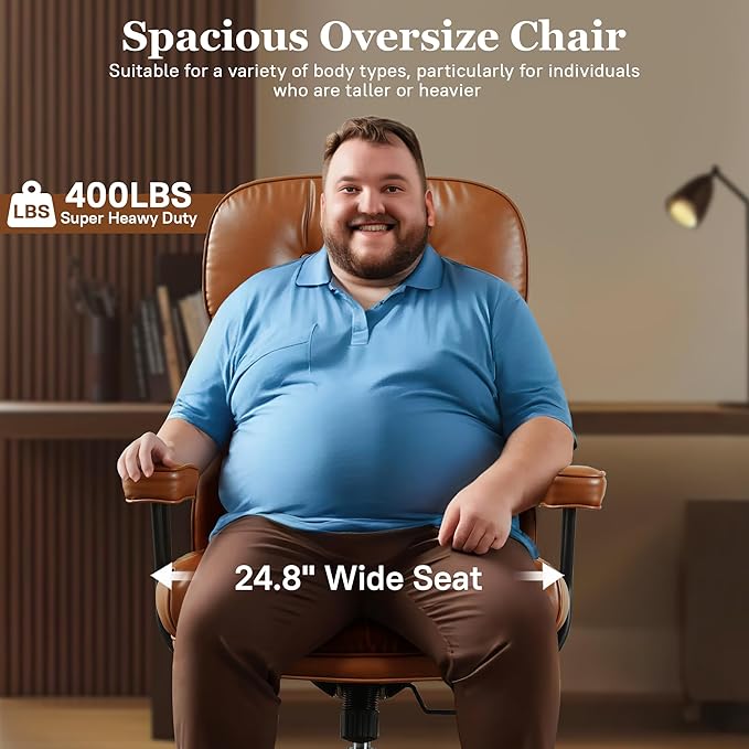 Mid Century Modren Big and Tall Office Chair,Large Ergonomic Executive Chair for Heavy Duty People, Computer Desk Task Chair with Wheels, Faux Lether Fabric Wide Chair for Home Sturdy,Brown(PU)