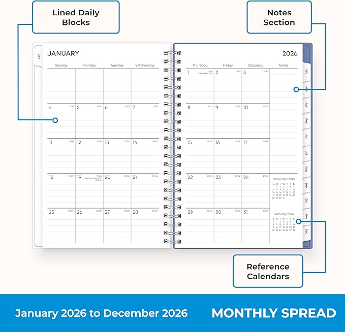 Blue Sky 2026 Weekly and Monthly Planner Calendar, January 2026 - December 2026, 5" x 8", Flexible Frosted Cover, Laminated Tabs, Durable Twin Wire Binding, Lindley