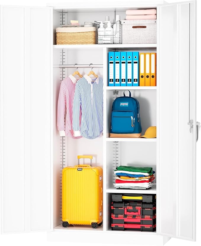 INTERGREAT Metal Storage Cabinet with Lock,White Armoire Wardrobe Closet with Lockable Doors,72" H Storage Closet Cabinets for Home,School,Office,Bedroom
