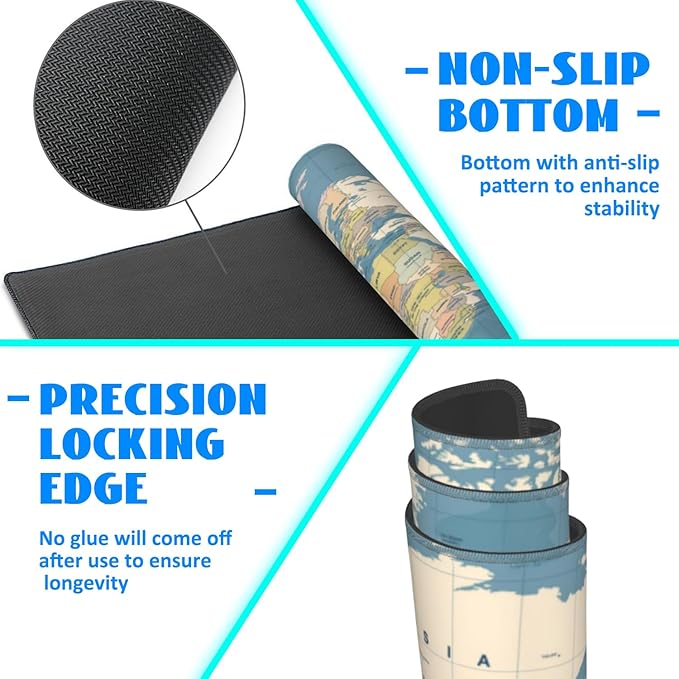 Desk Mat, Blue Vintage World Map Extended Gaming Mouse Pad Large, 31.5"x11.8" Big Mouse Pad with Non-Slip Base and Stitched Edge, Long Computer Keyboard Mouse Mat for Home Office Work