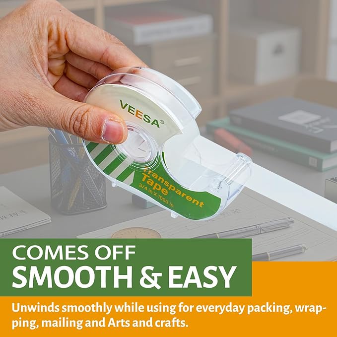 VEESA Transparent Tape with Dispenser, 3/4 x 1000 Inches, 12 Rolls Clear Tapes and Refillable Dispensers, Office Tape Rolls with Dispenser Bulk for Craft Jobs, Home & School Supplies