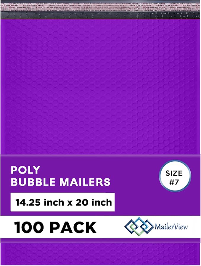 Purple Extra Large Poly Bubble Mailers 14.25x20 inch #7 | Self Seal Large Padded Envelopes | Air Cushioned Bubble Mailer | Usable Size 14.25x19 Lightweight Mailing Shipping Bags| 100 Pack Bulk