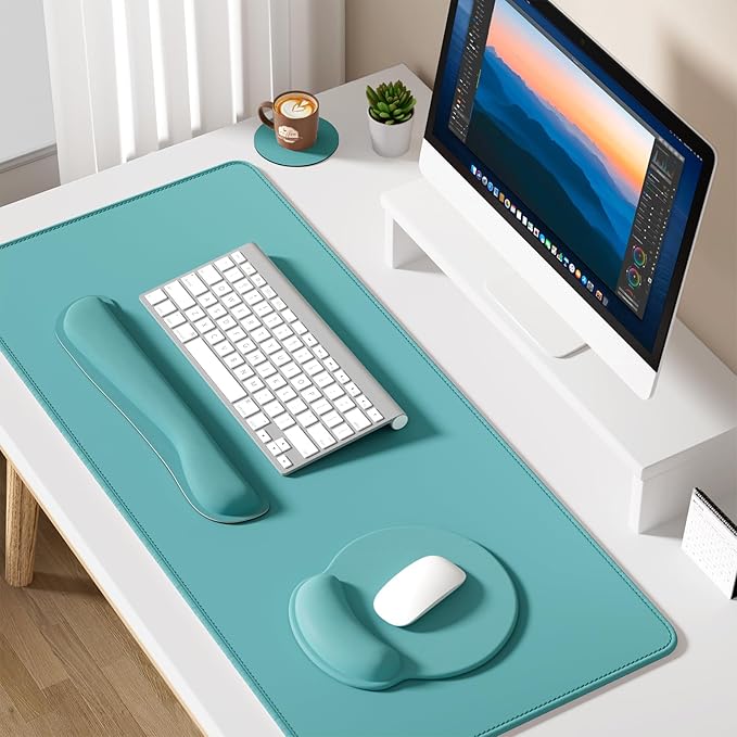 Dapesuom Large Gaming Mouse Pad, Mouse Pads with Wrist Rest Wrist Support, 4in1 Big XXL Desk Mat Desk Pad + Ergonomic Mousepad + Memory Foam Keyboard Mat Wrist Rest + Coaster Set for Computer, Green