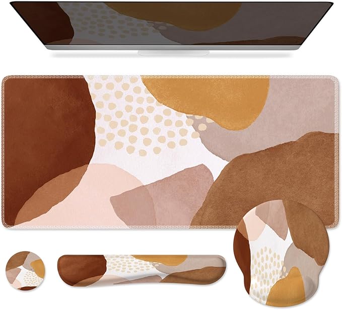 iCasso Desk Mat, Gaming Mouse Pad Wrist Support Set, XXL Large Mousepad + Keyboard Wrist Rest+Mouse Wrist Rest+Coastert with Ergonomic Design for Home Office Computer (C-Four-Coffee-Color-Block)